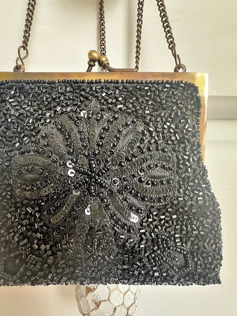 Black Beaded Pure Silk Evening Bag Sequin Kiss Lock Purse